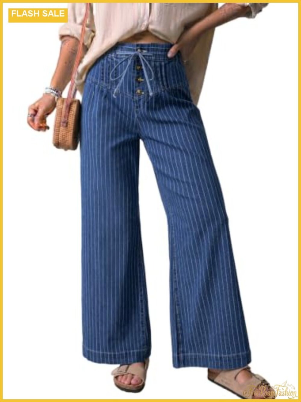 Wide Leg Baggy Jeans Drawstring Striped Button Denim Pants
